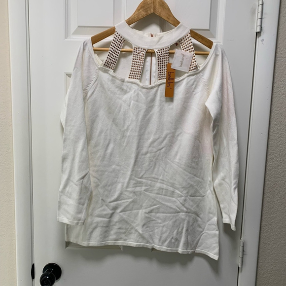 NEW! Bellini white gold studded cold shoulder sweater - Picture 2 of 10
